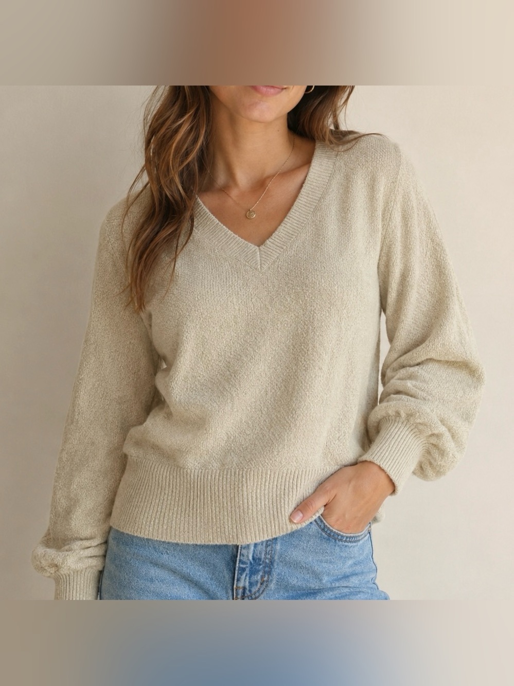 Yet Again beige soft V neck knit sweater